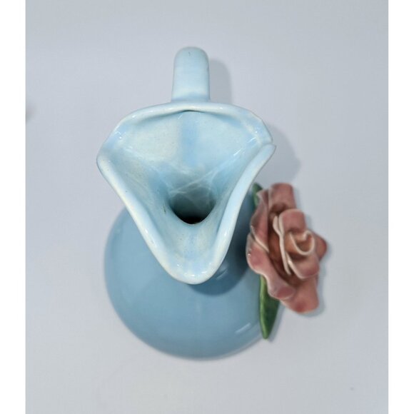 California Pottery Blue Pitcher W/Rose - Picture 3 of 8